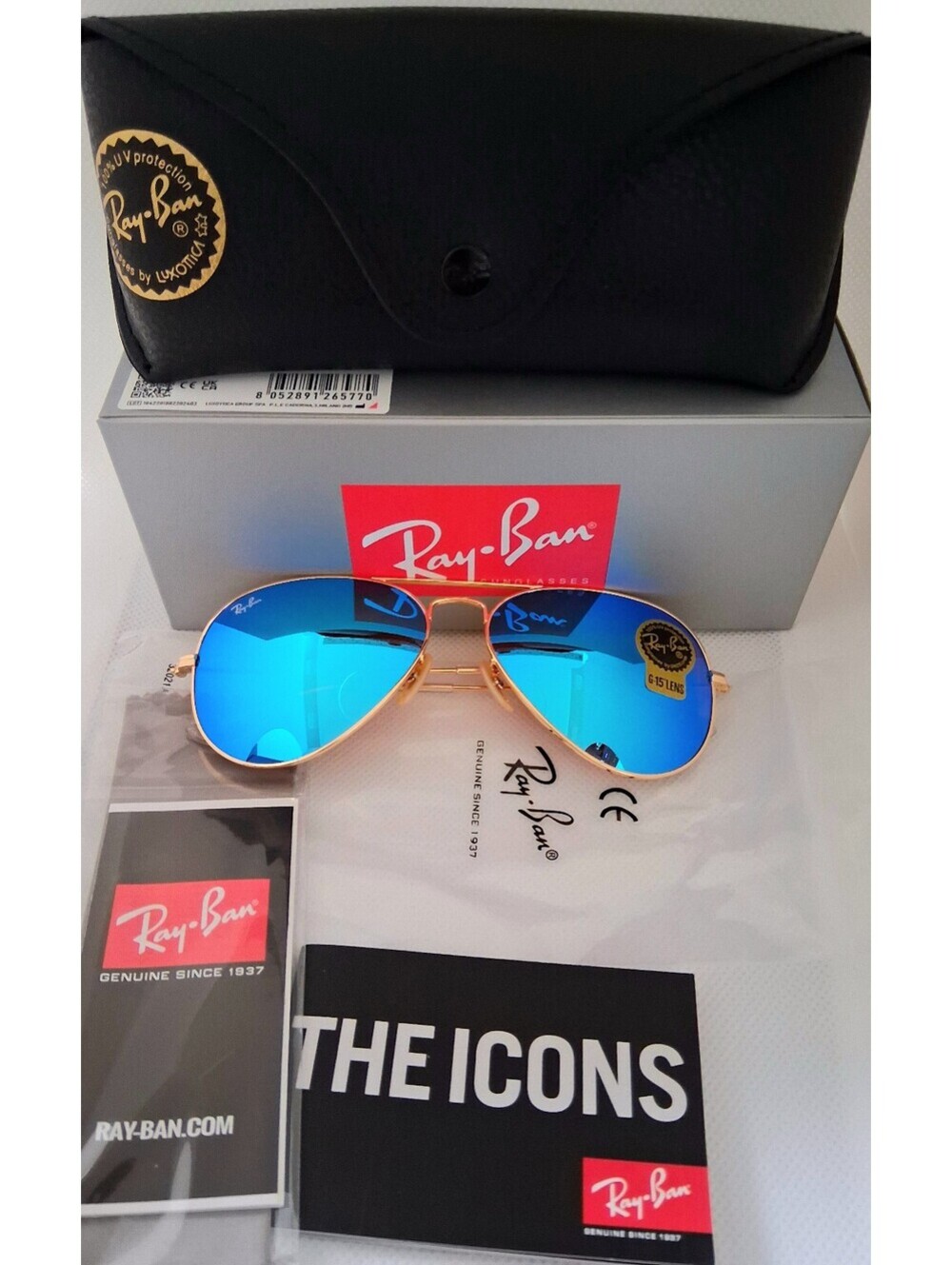 NEW Ray Ban RB3025 58mm Aviator Aqua Blue Lens Gold Frame Sunglasses